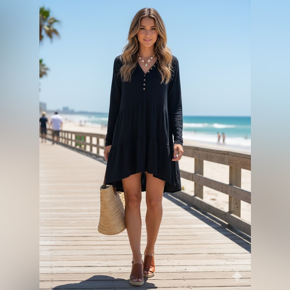 Free People Beach Long Sleeve Black Mini Dress Size XS Boho Summer Vacation